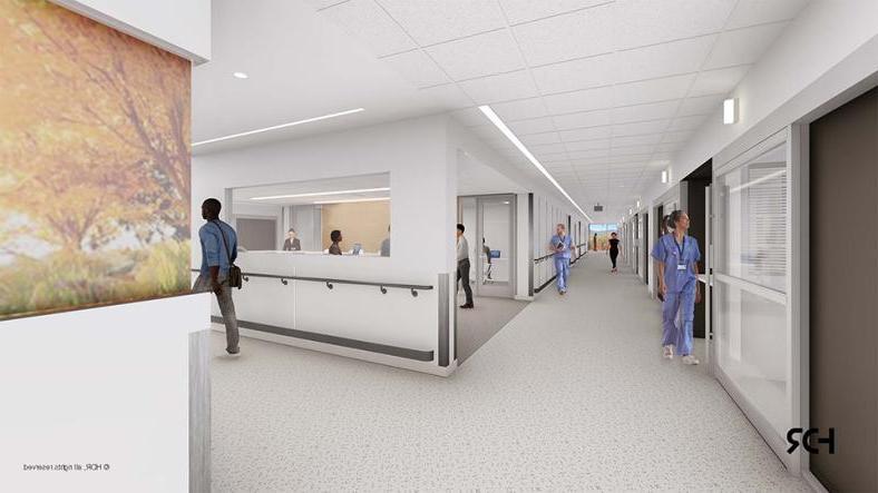 Architectural rendering of a corridor on a patient care unit in the Patient Pavilion