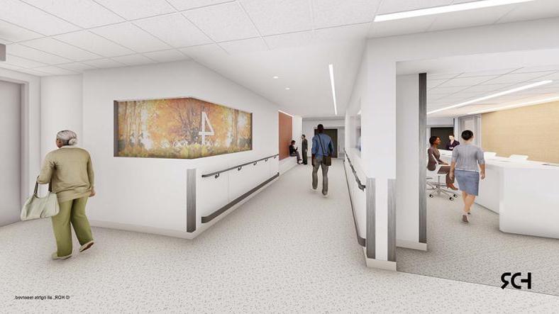 Architectural rendering of a patient care unit corridor with respite area in the Patient Pavilion
